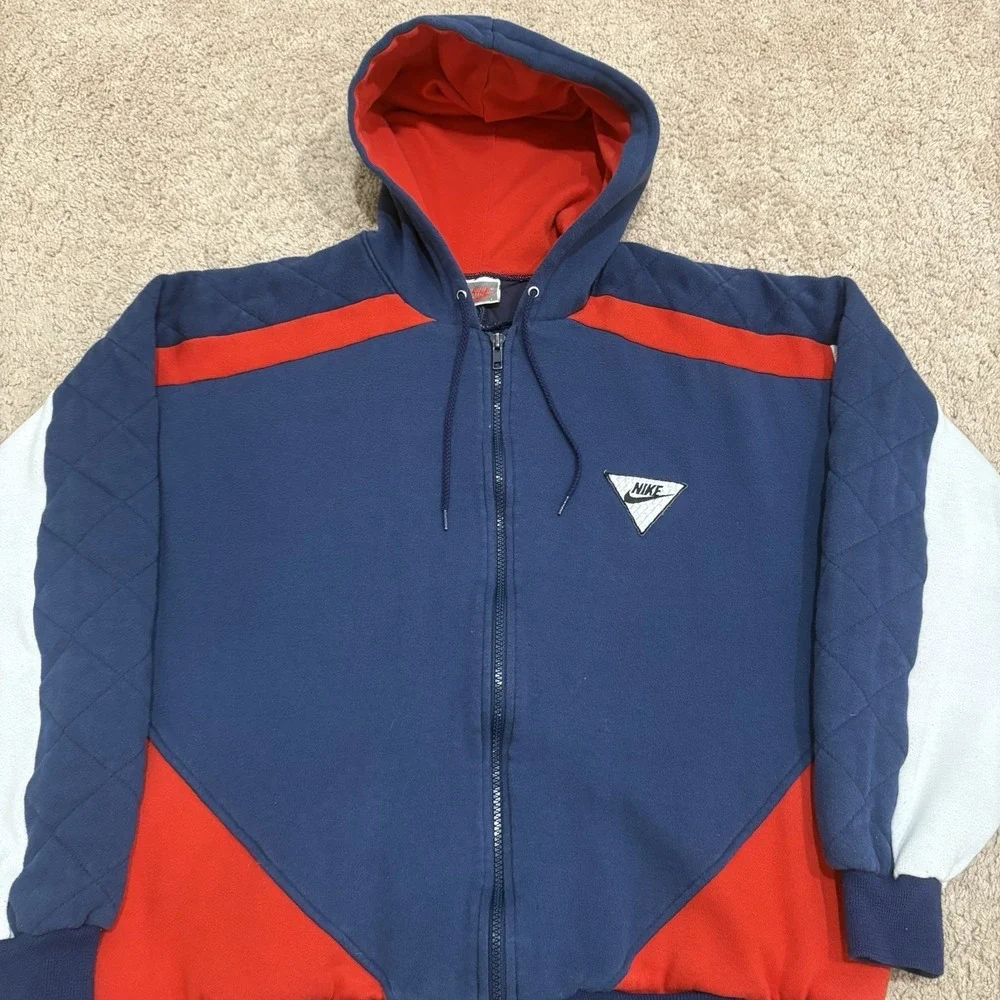 Vintage 80s NIKE Zip Up Hoodie Mens Large Blue Quilted ColorBlock